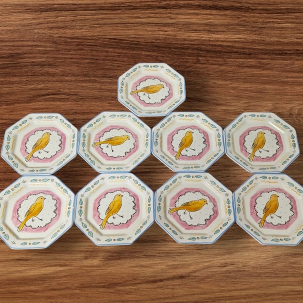 Creative Co-Op Set of 9 Octagon 8" Salad Plates Yellow Bird Hand-Painted Ceramic